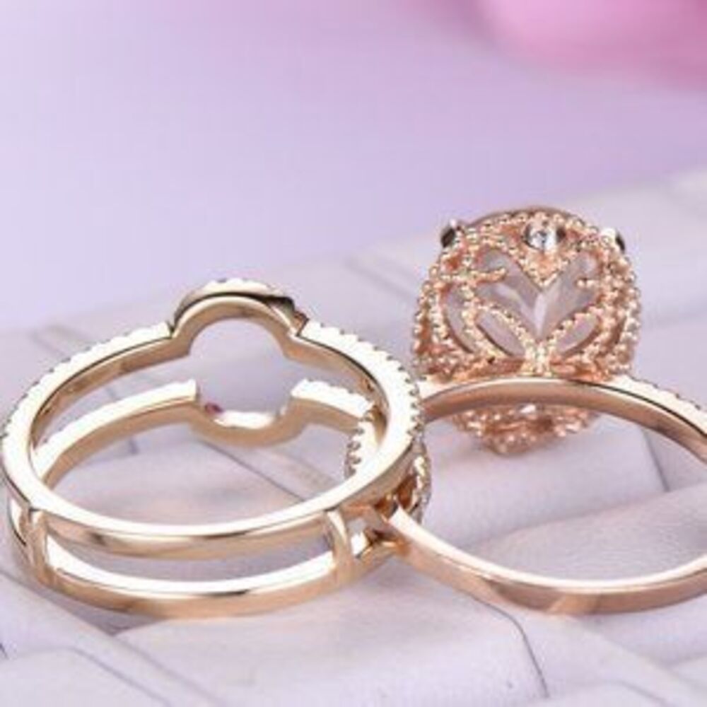 18K Rose Gold Oval Morganite Diamond Ring Set P